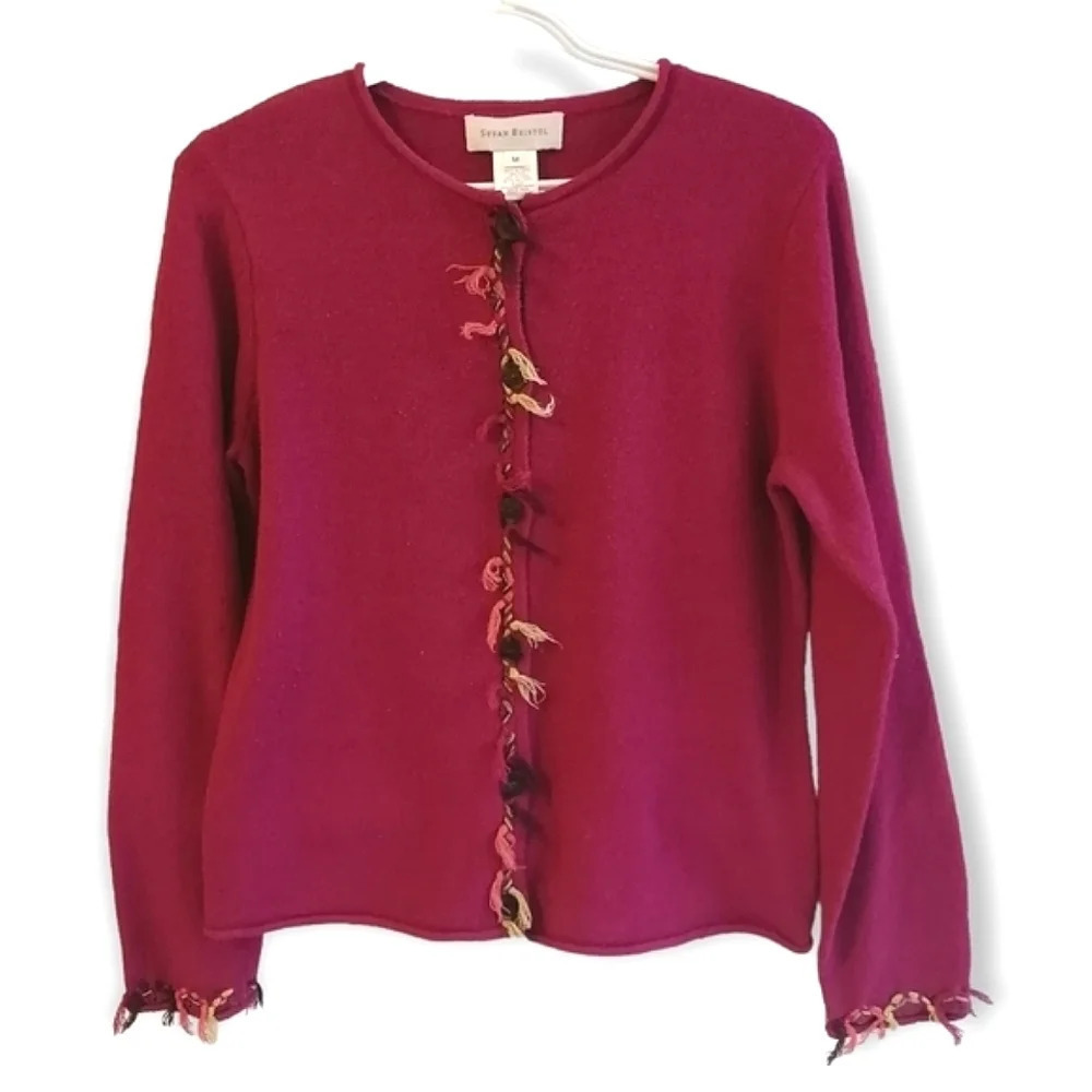 Vintage Y2K Susan Bristol Hand Embroidered Pink Button Up Fringe Cardigan Medium